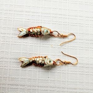 Fish Earrings Dangle Gold White Vintage